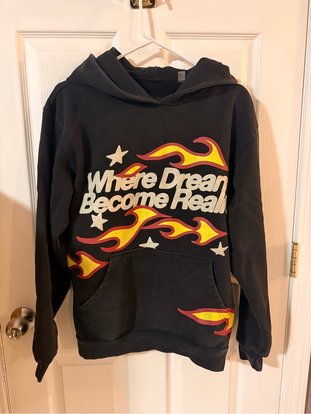 PacSun Black Hoodie with Yellow & Red Flame Graphic